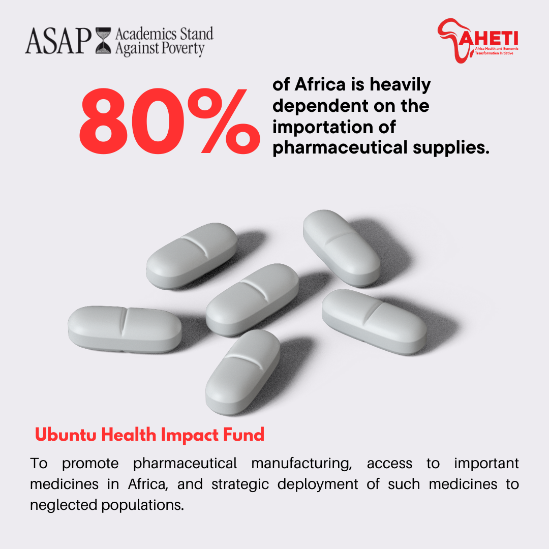 Ubuntu Health Impact Fund proposal graphic describing medicine imports in Africa and the goal of expanding pharmaceutical access.